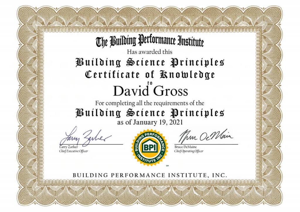 Building Performance Institute Certificate of Knowledge